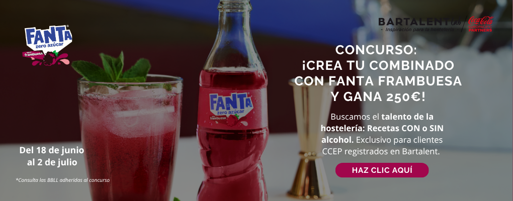Banner del concurso Bartalent de Coca-Cola Europacific Partners para profesionales de la hostelería: "¡Crea tu combinado con Fanta Frambuesa Zero Azúcar y gana 250€!". Muestra un cóctel con hielo y una botella de Fanta Frambuesa.