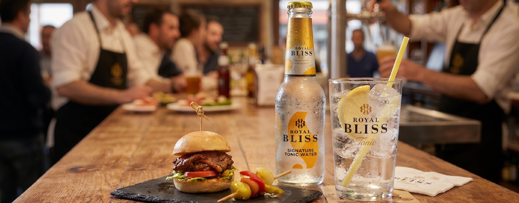 Hamburguesa gourmet y tónica Royal Bliss en una barra de bar celebrando el Día Mundial de la Tapa.